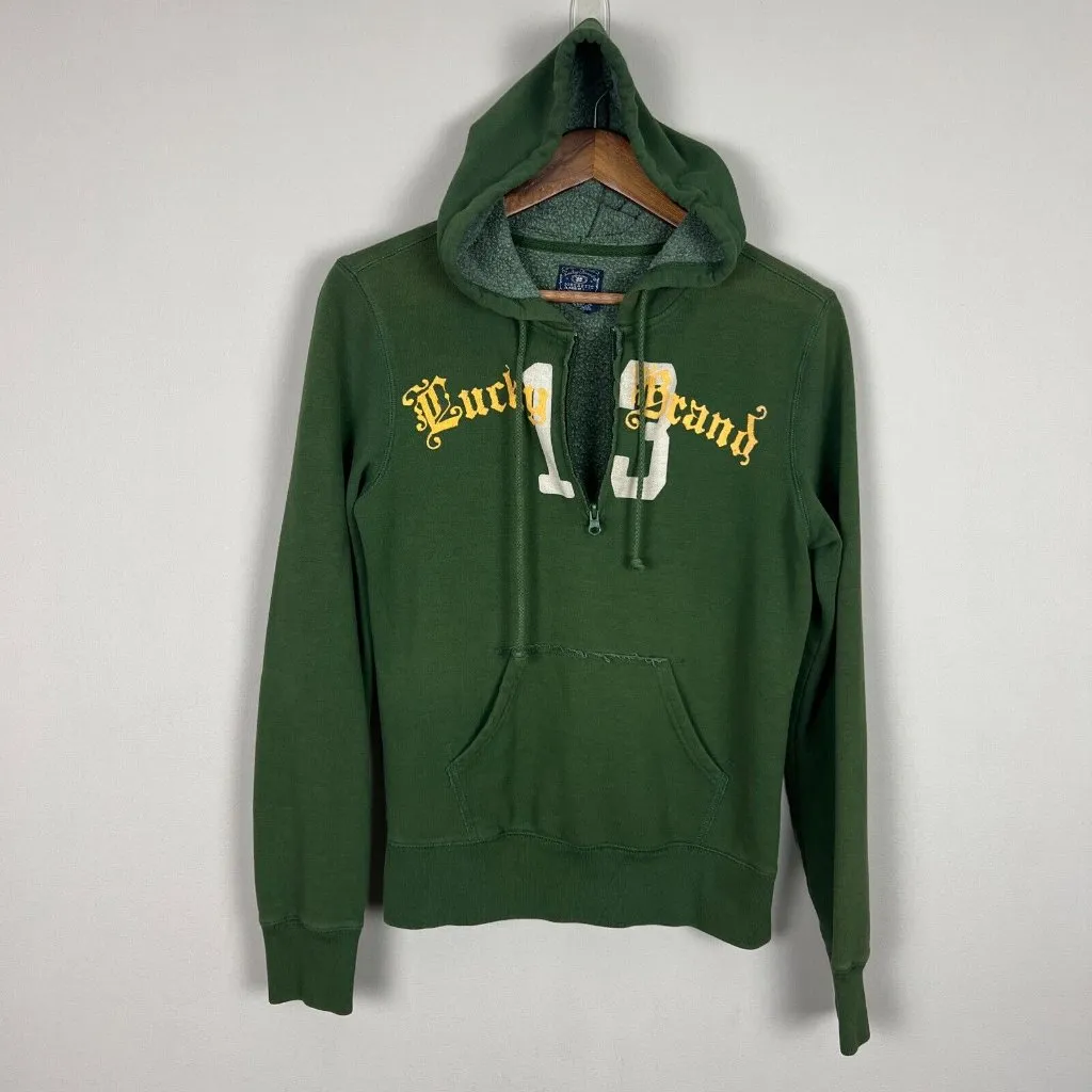 Vintage Lucky Brand Hoodie Sweatshirt Womens Medium Green‎ 1/4 Zip 13 Distressed - Image 13