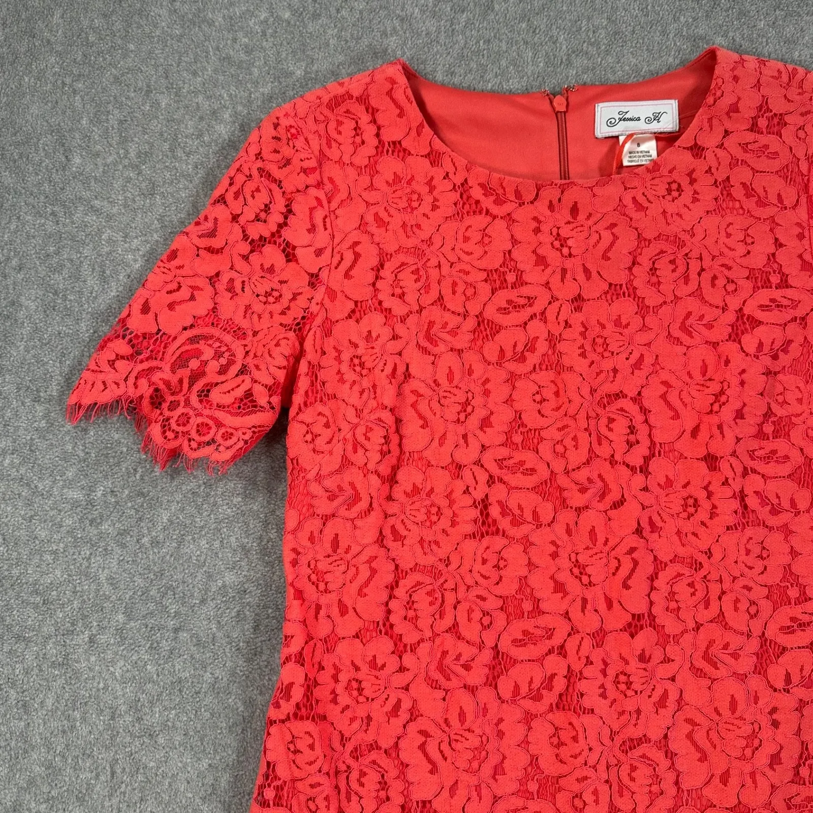 Jessica H Coral Pink Lace Shift Dress Women's 8 Short Sleeve Scallop Fringe Hem - Image 4