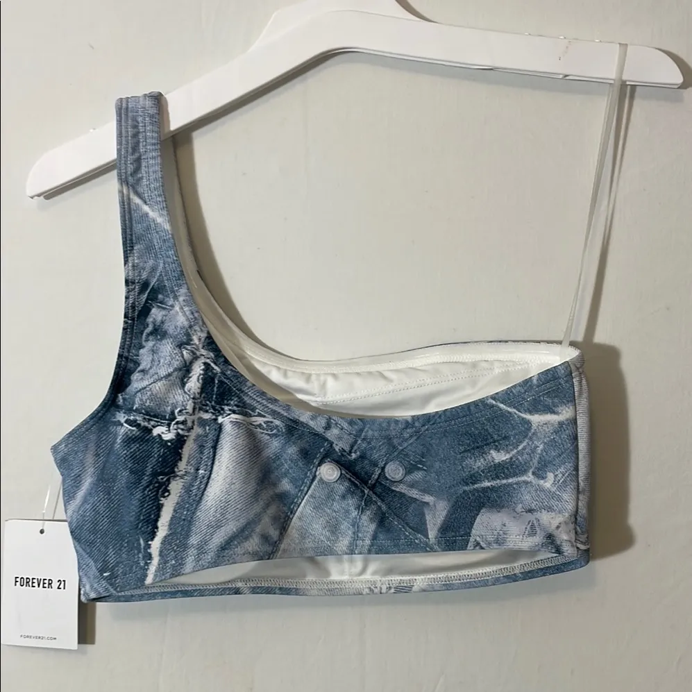 Forever 21 One-Shoulder Denim Print Bikini Top – NWT size:S.C2),, - Image 3