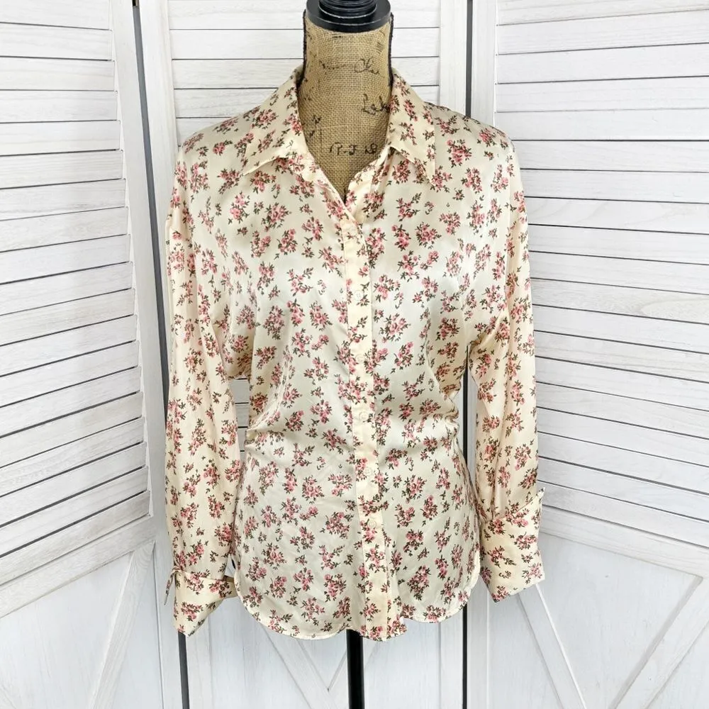Zara Satin Floral Print Ruched Sides Blouse Cream Pink Small Button Front - Image 5