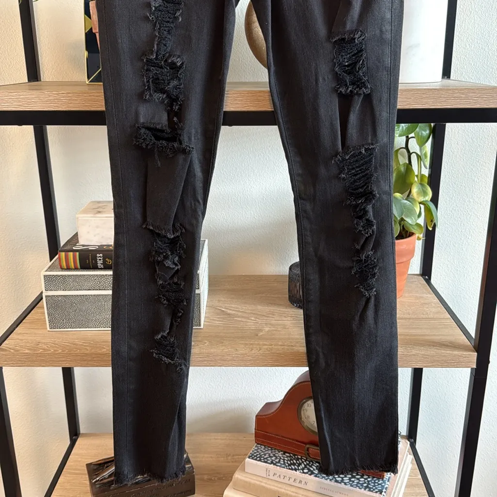 Joe's Jeans Mid-Rise Skinny Ankle Distressed Raw Hem Black Jeans, 26 - Image 3