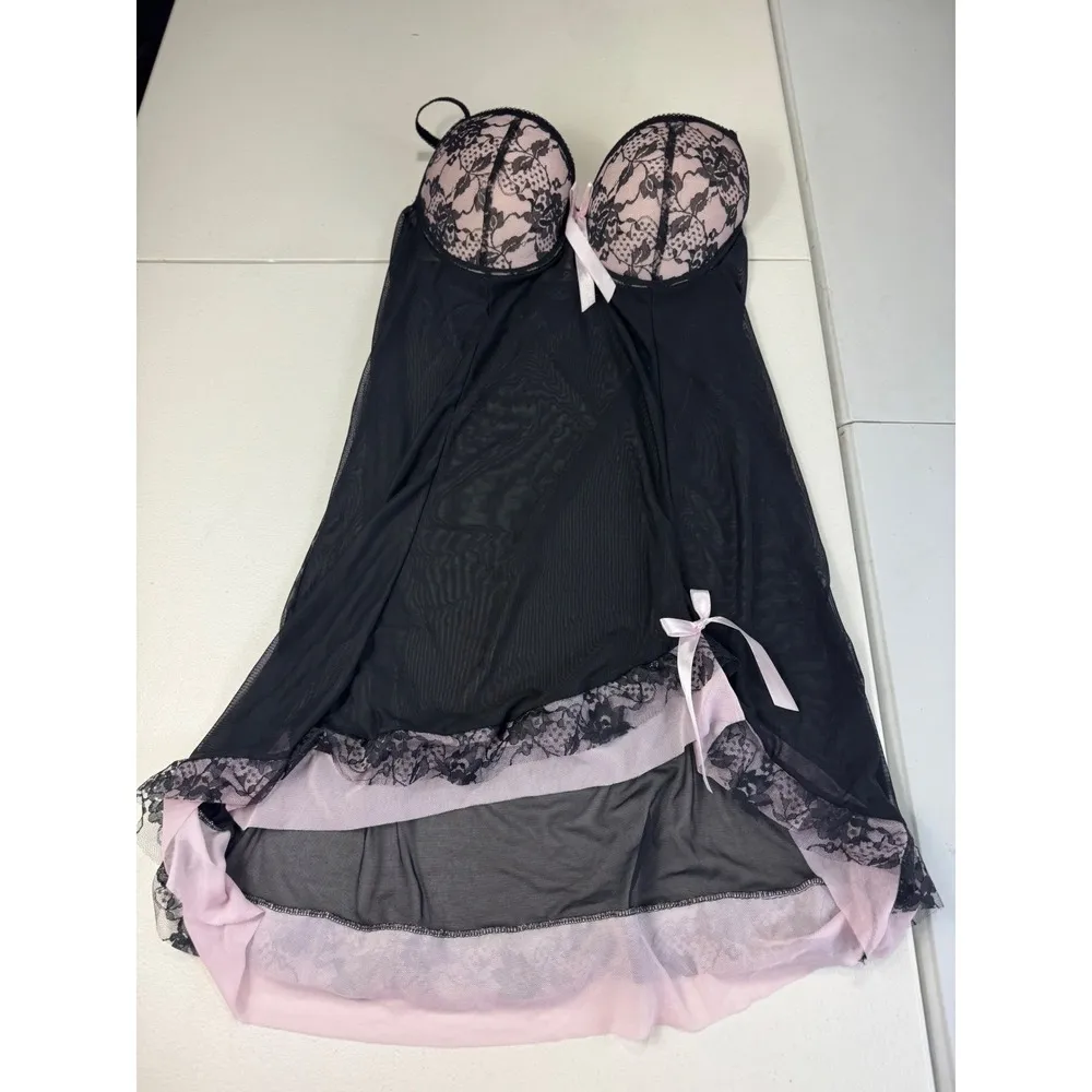 Per lei Black & Pink Lace Babydoll‎ Lingerie Nightie XL Extra Large - Image 3