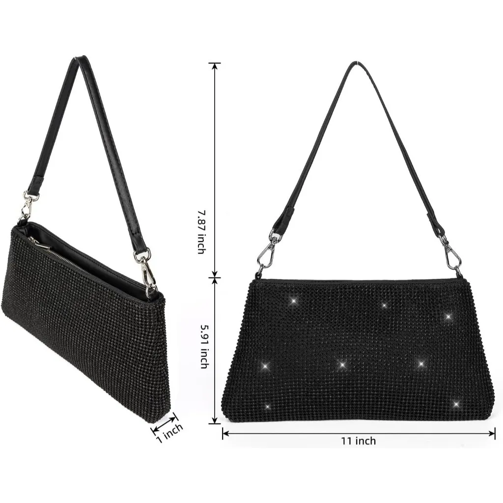⚡ Women's Beautiful Rhinestone Black Sparkly Handle Chain Evening Clutch Bag - Image 4