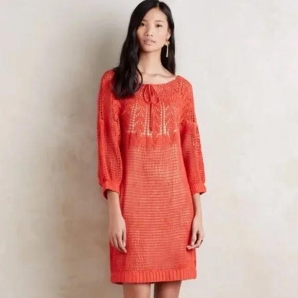 Anthropologie Korovilas Size M‎ Crochet Beach Mini Dress Red Orange New - Image 5