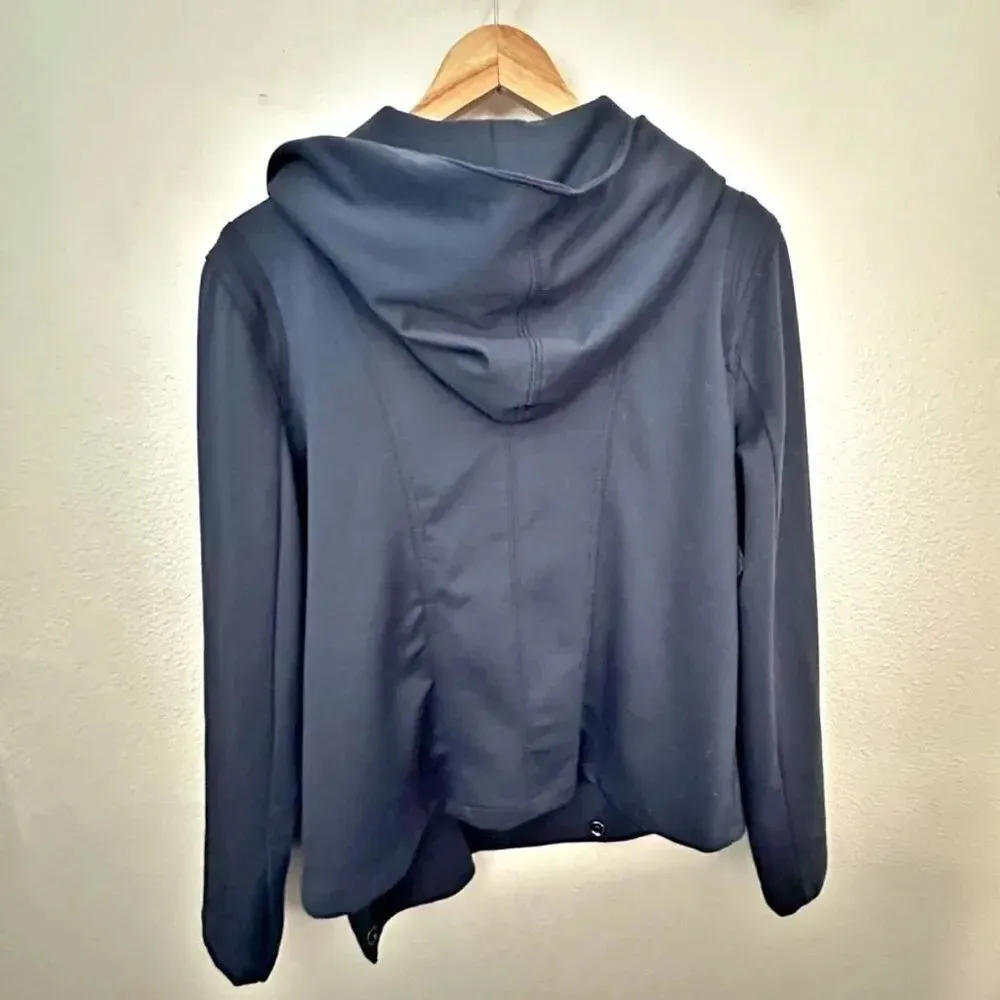 DKNY JEANS | Navy Blue Asymmetrical Zipper Thick Knit Jacket Hood | Size XL - Image 2