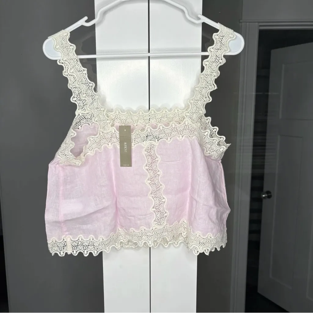 NWT J. Crew Lace-trim Squareneck Tank Top Linen Pink - Image 3