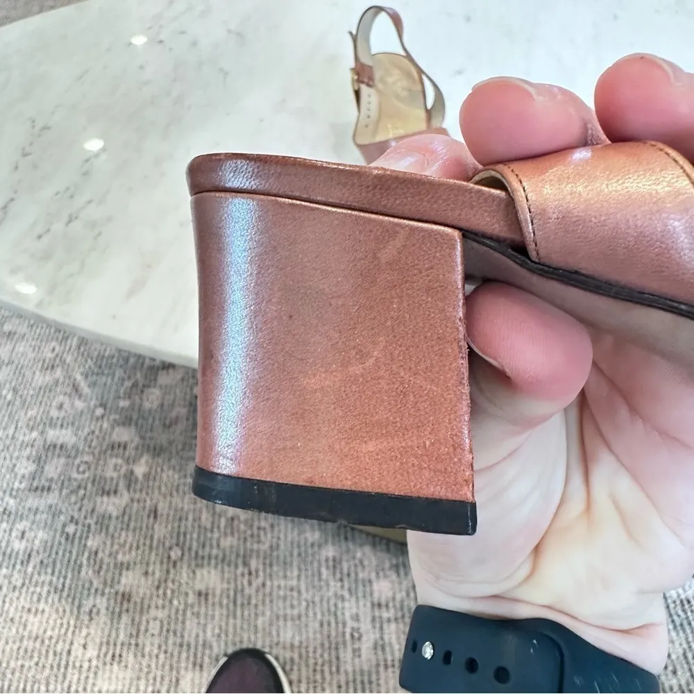 Bottega Veneta Light Brown Leather Strappy Block Heel Sandal with Gold Buckle 8B - Image 3