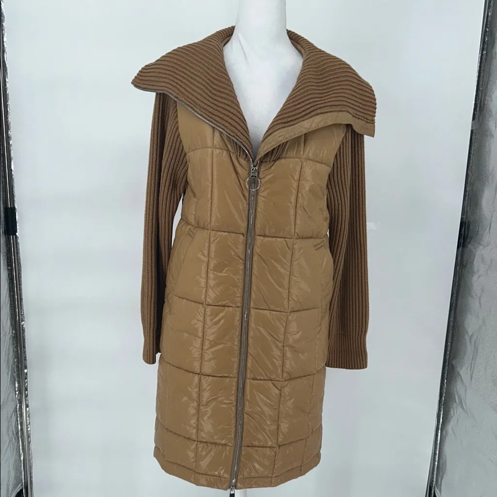 Varley Mayten Knit Brown Puffer Jacket with Ribbed Sleeves Size Small, - Image 3
