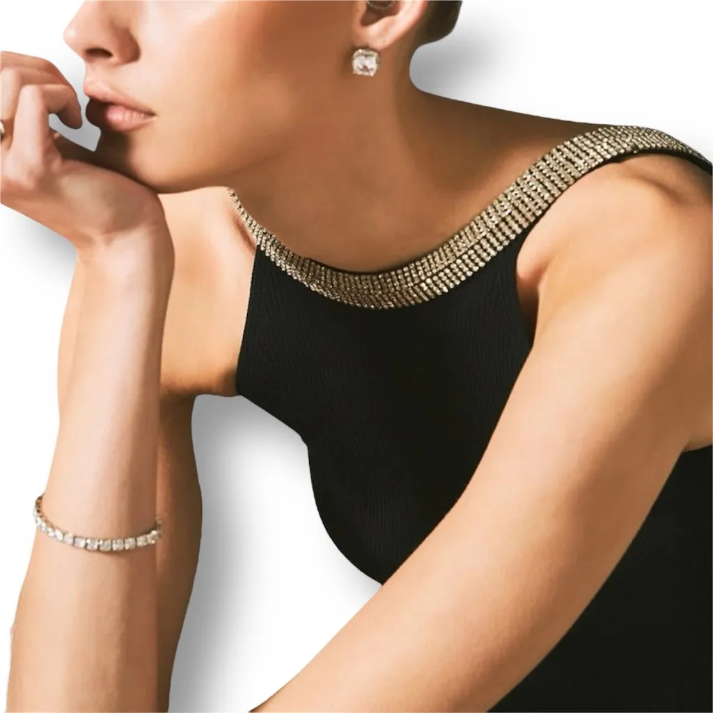 Anthropologie Endless Rose L Black Knit Rhinestone Trim Wedding Guest Mini Dress - Image 5