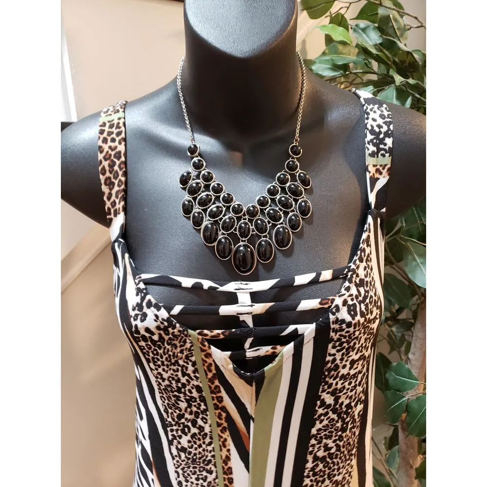 Women's Jumpsuit Multicolor Animal Print Strapless Flared Leg Cutout V XL Black - Image 5