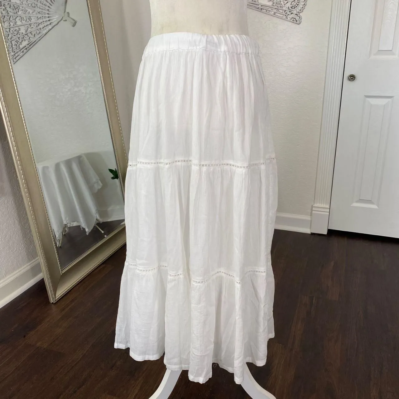 BLAIR 100% Cotton Boho Layered Tiered White Lace Trim Midi Maxi Skirt L - Image 3