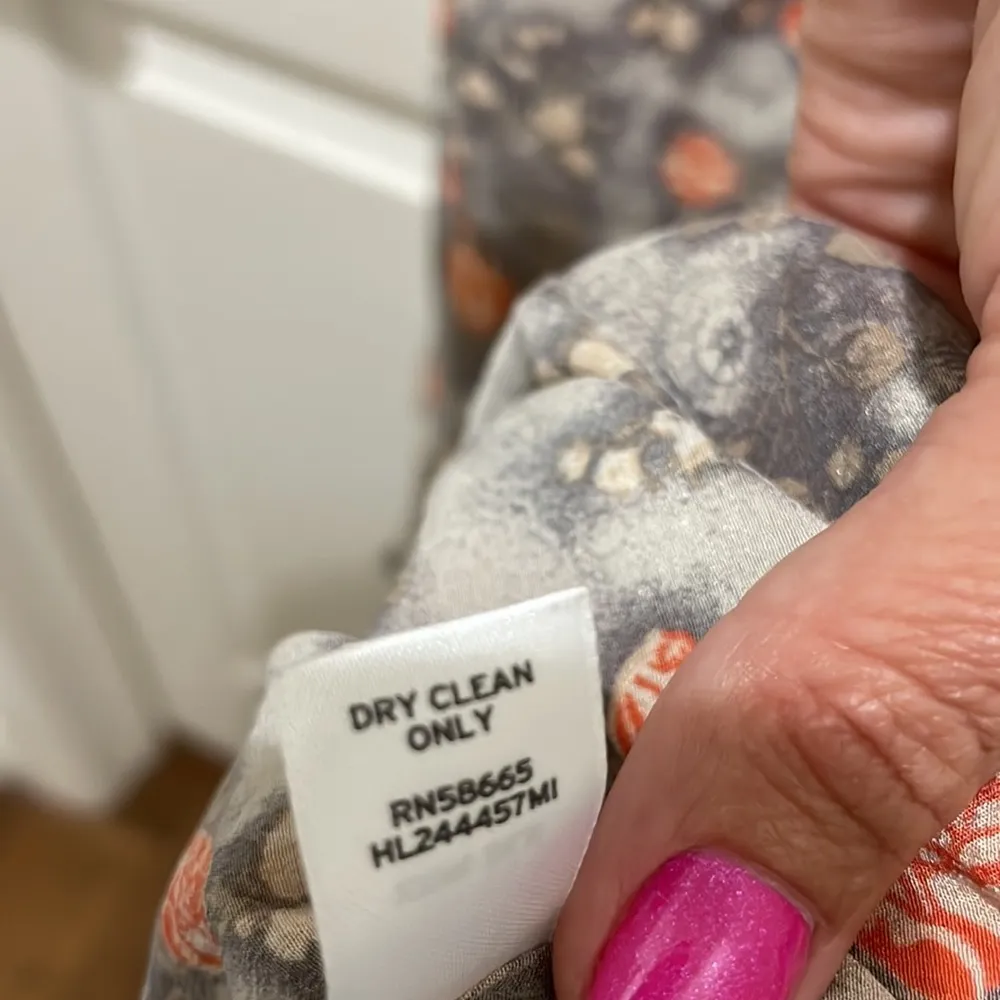 Hinge Gray Floral with Orange Flowers Spaghetti Strap Gathered Waist Silk Dress - Image 9