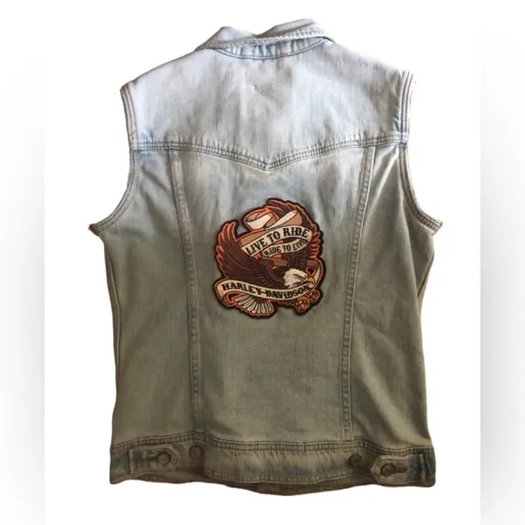 Appliquéd Motorcycle Patch Distressed Denim Vest Sz.S Light Wash Button Up - Image 2