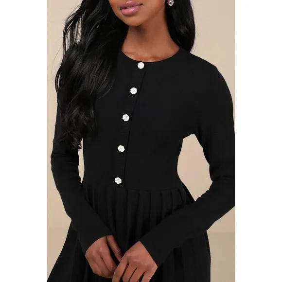 Lulus Black Ribbed Knit Button Front Pleated Skirt Dress Size M - Image 4