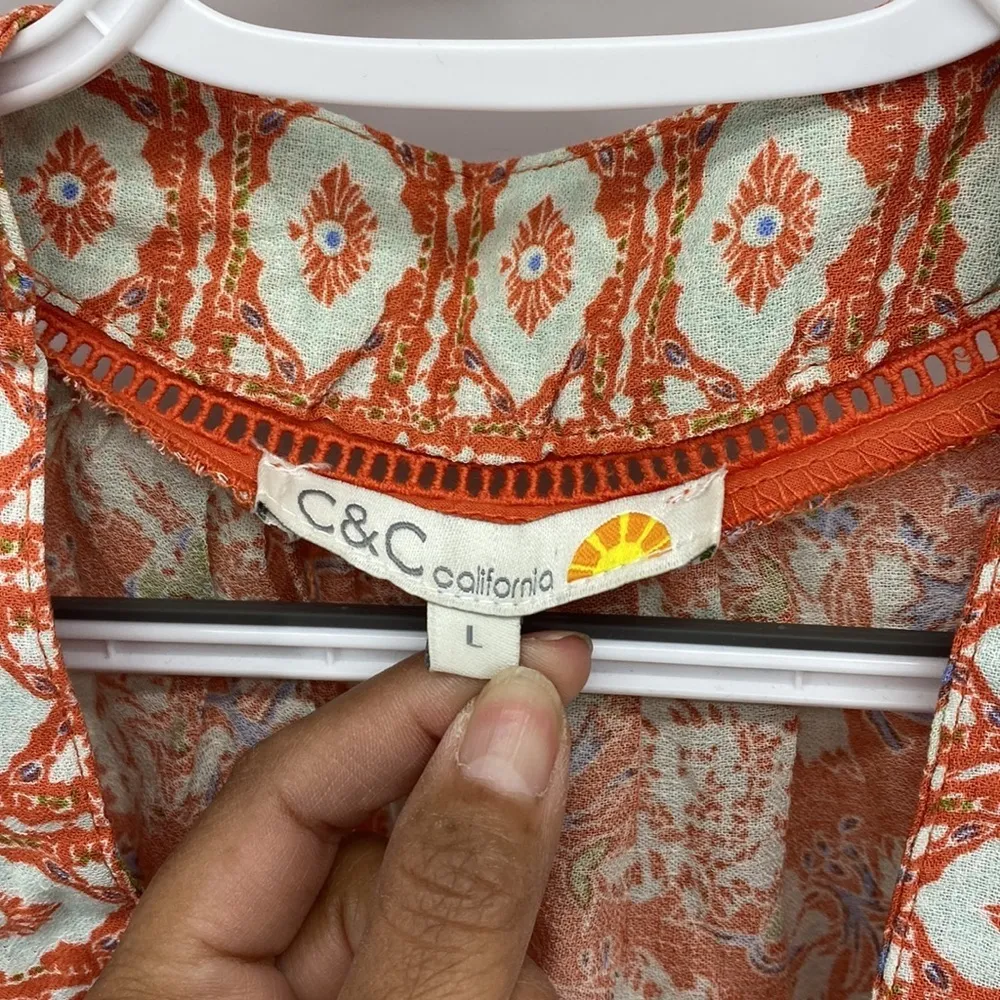 C&C California Boho Printed Ruffle Blouse Tunic Top deep v neck - Image 5