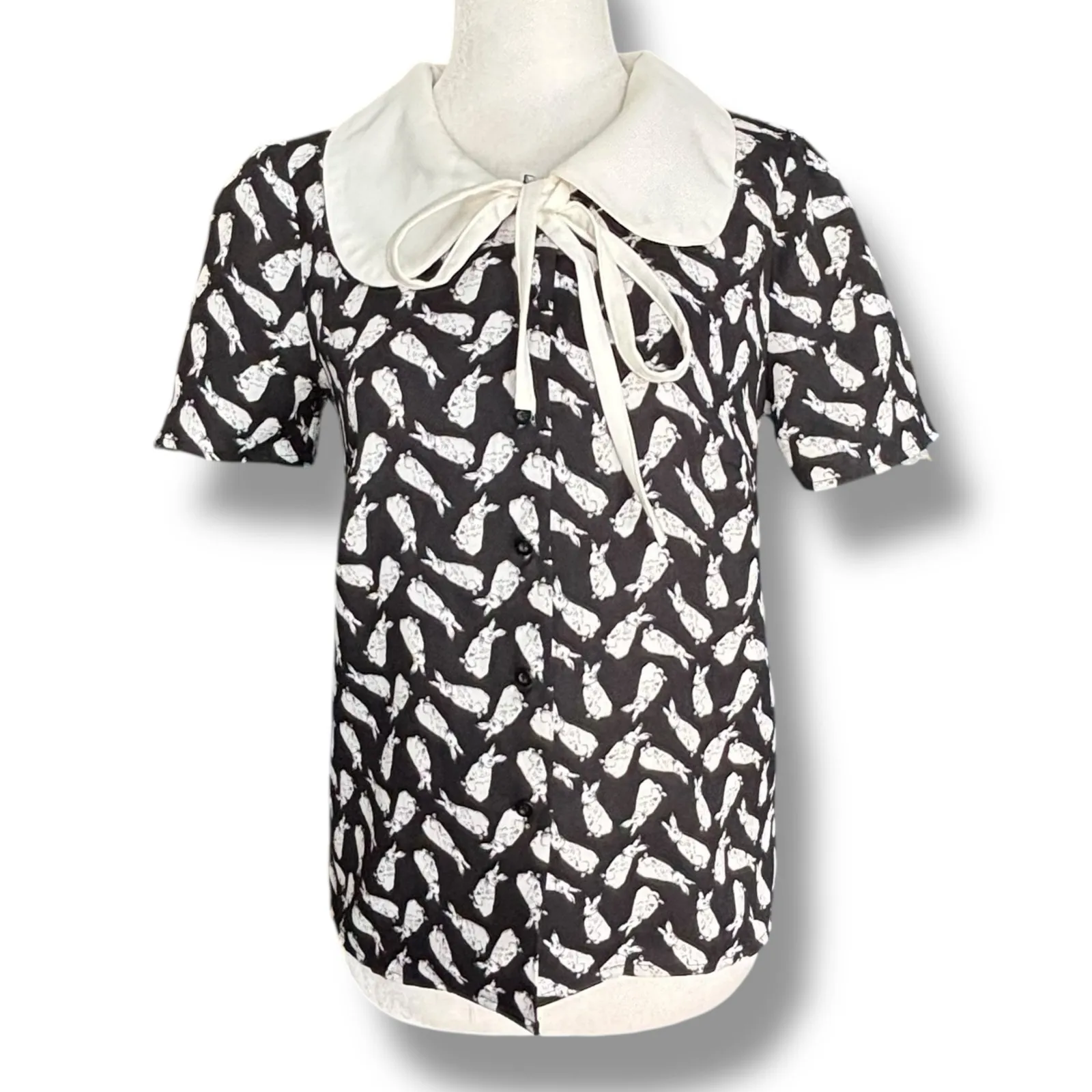 Moon Top Rabbit Print Blouse Black White Exaggerated Peter Pan Collar Bow Tie - Image 4