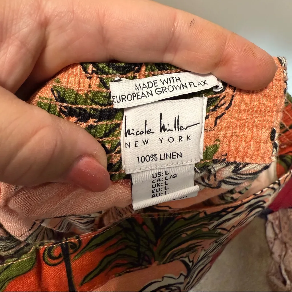 Nicole Miller 100% Linen Pants Tropical Coastal Cropped Wide Flare Pant L‎ - Image 5