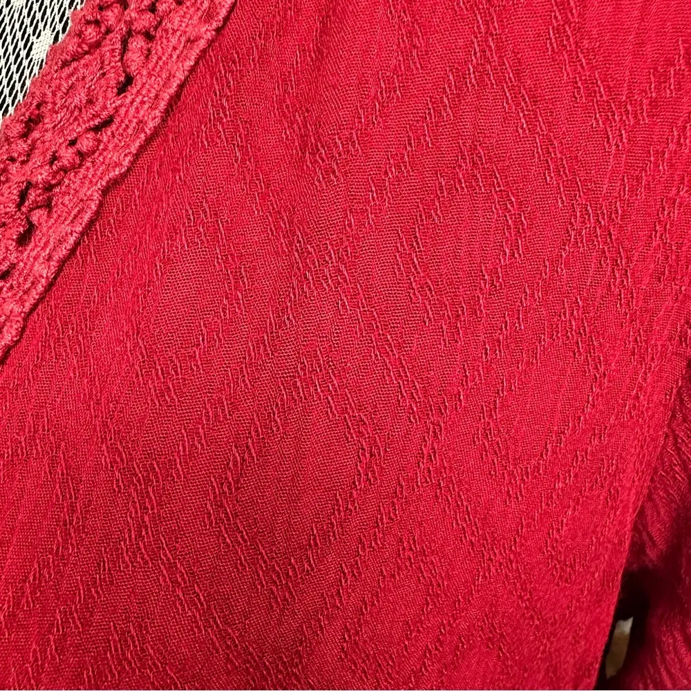 Suzanne Betro Boho Lace Trim Dress Red Textured Long Sleeve Size Large - Image 6