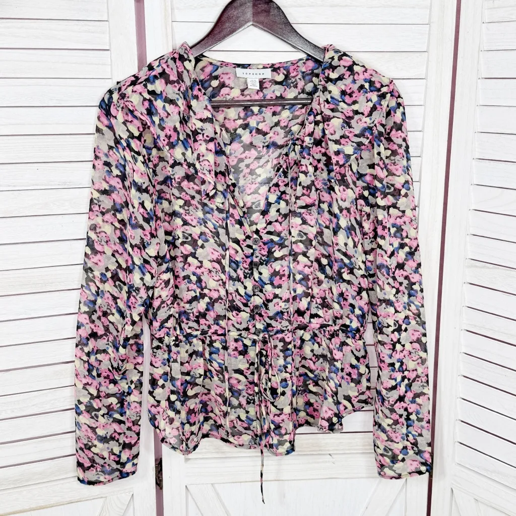 Topshop Abstract Floral Confetti Ruffled Cinch Waist Button Up‎ Blouse Pink 8 - Image 7