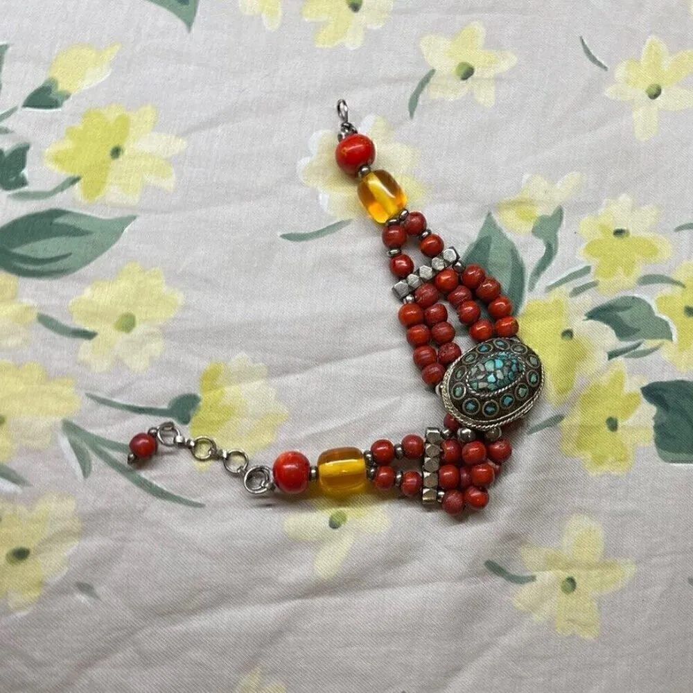 Tibetan Silver Turquoise Coral Bohemian Boho Turtle Shell Shape Charm Bracelet Red - Image 2