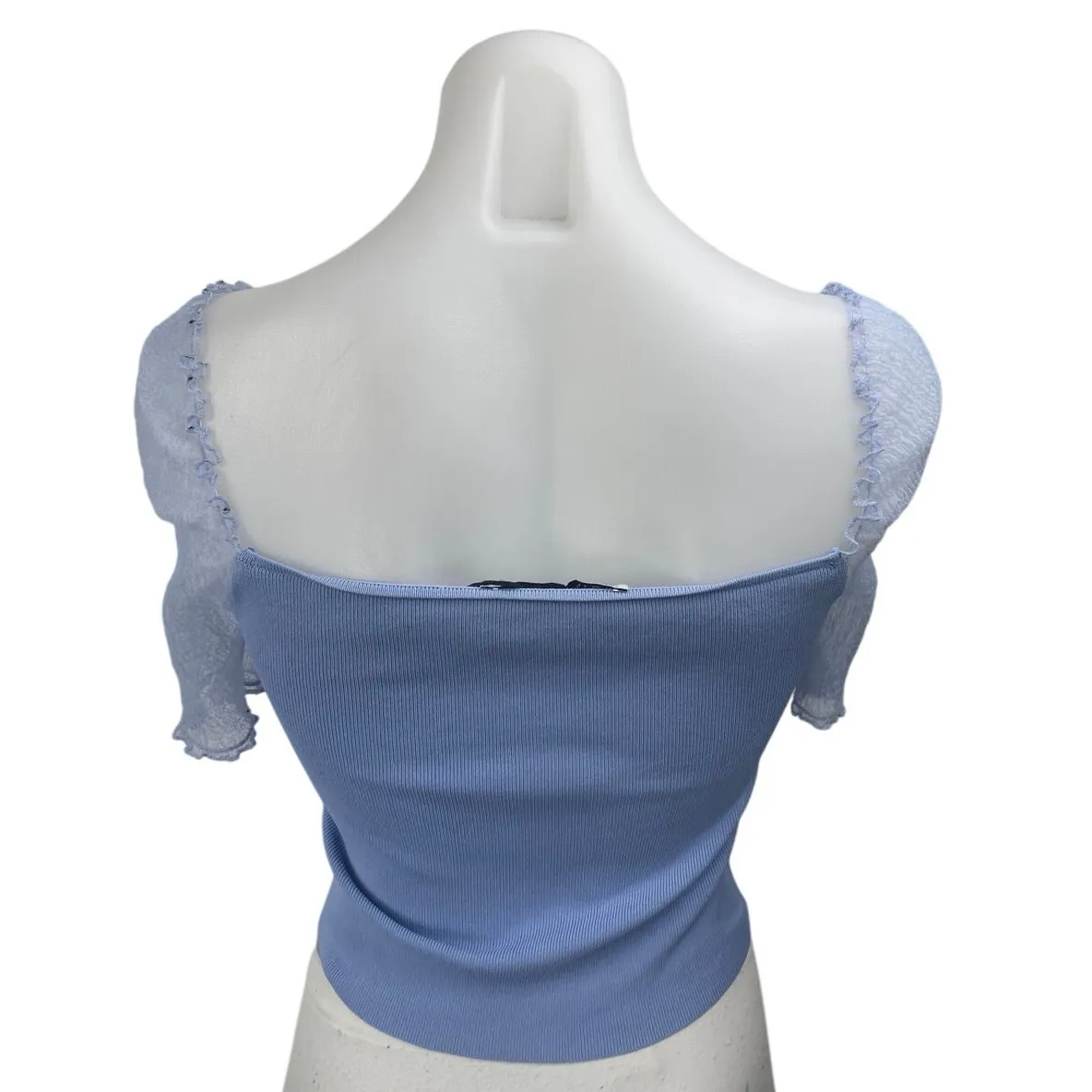 Zara Women's Blue Mesh Short Sleeve Ribbed Knit Sculpt Cropped Blouse Top Size S - Image 2