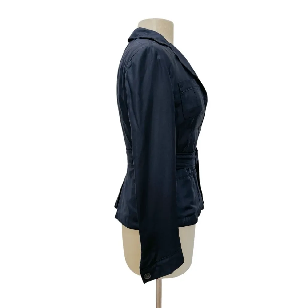 Prada 100% silk belted blazer jacket in navy blue - Image 8
