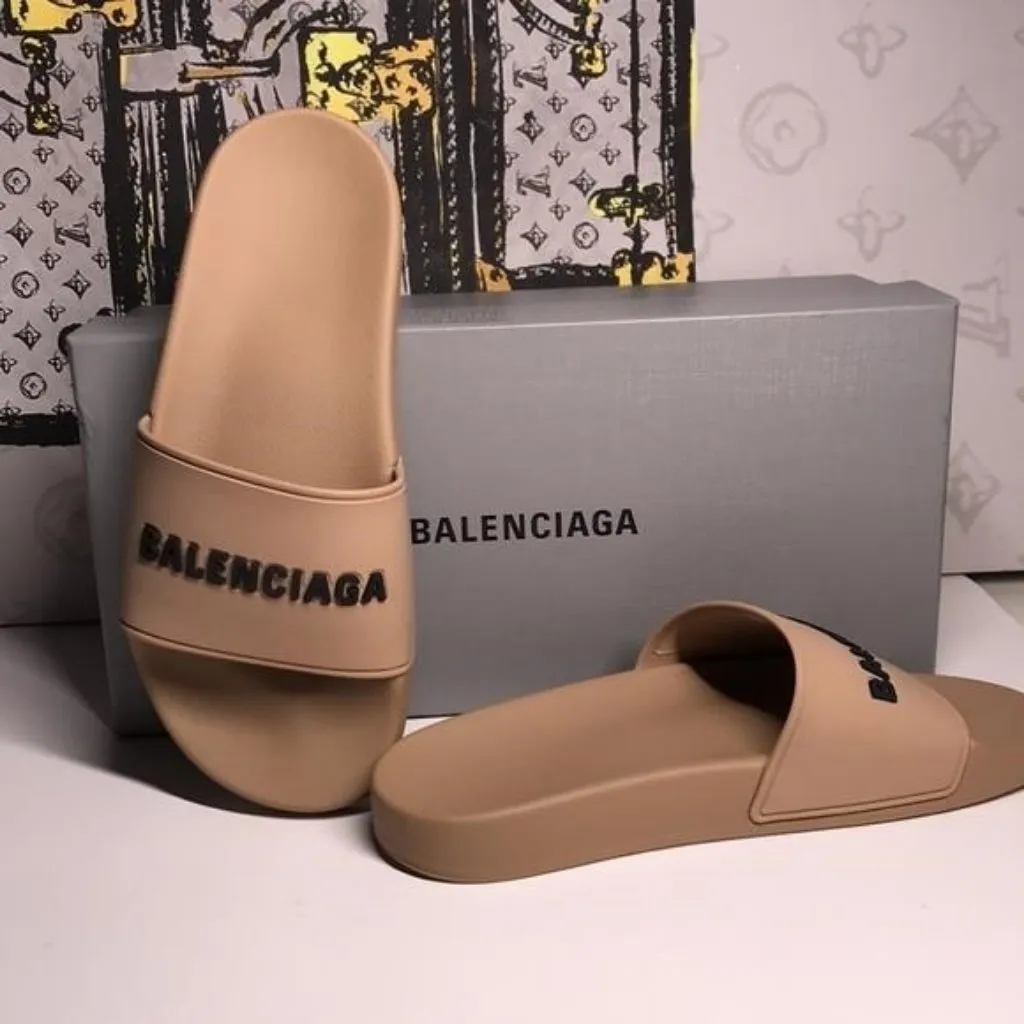 100% Authentic Balenciaga Pool Slide Sandals – Beige w/ Black Logo - Image 10