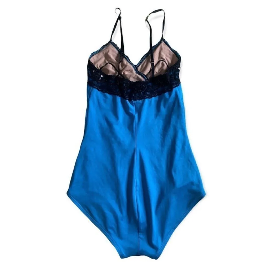 Natalie Dancewear Blue Bodysuit with Black Sequin Lace Detail – Size S - Image 2