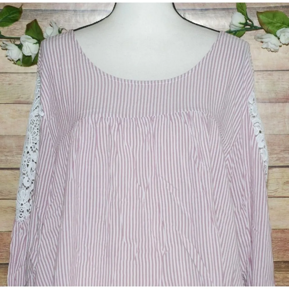 Lane Bryant Purple Striped Blouse Top Tunic Size 26W 28W Long Lace Sleeve - Image 2