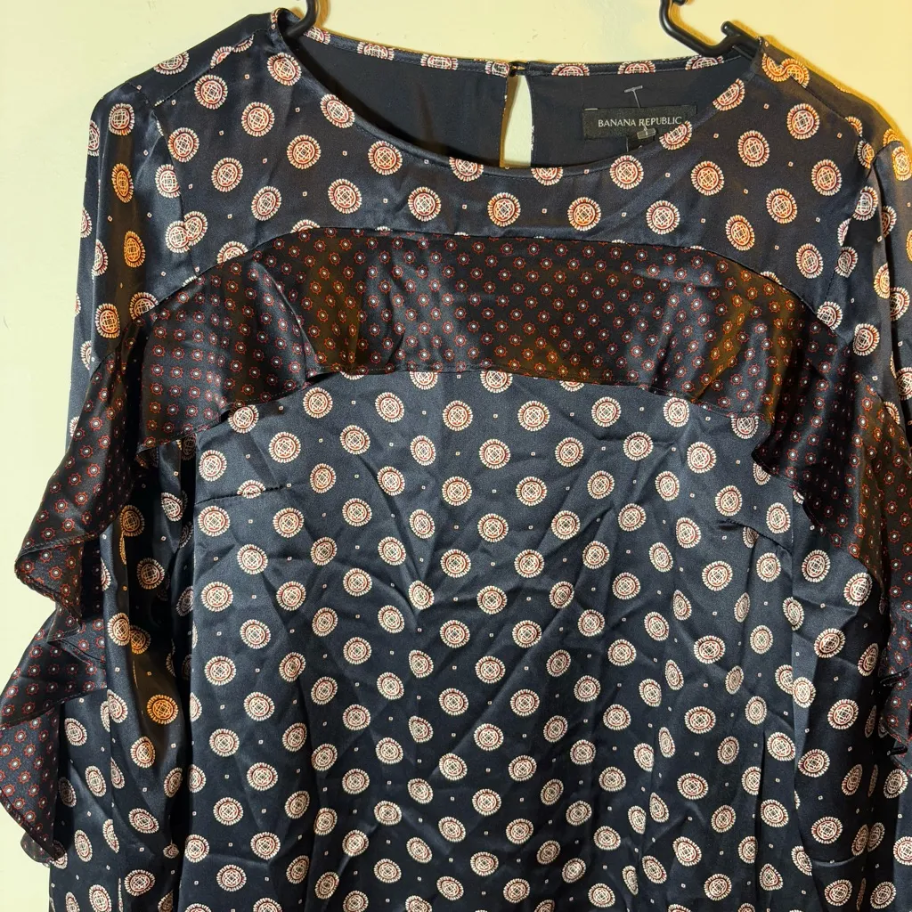 Banana Republic SILK‎ Foulard Ruffle Blue Dress Long Sleeve Gold Stud Buttons 4 - Image 4