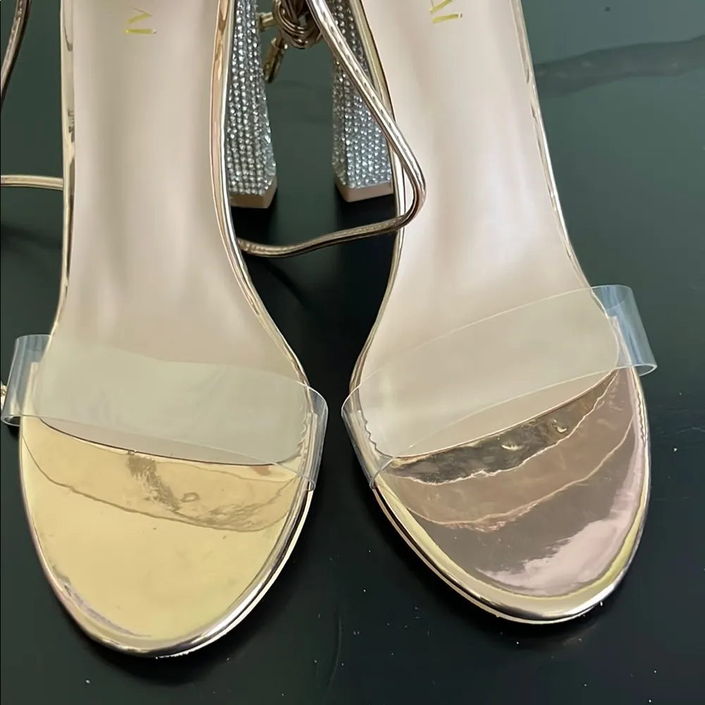 LALA IKAI Chunky Comfy Open Toe Strappy Rhinestone High Heeled Sandals Gold Size 7.5 - Image 9