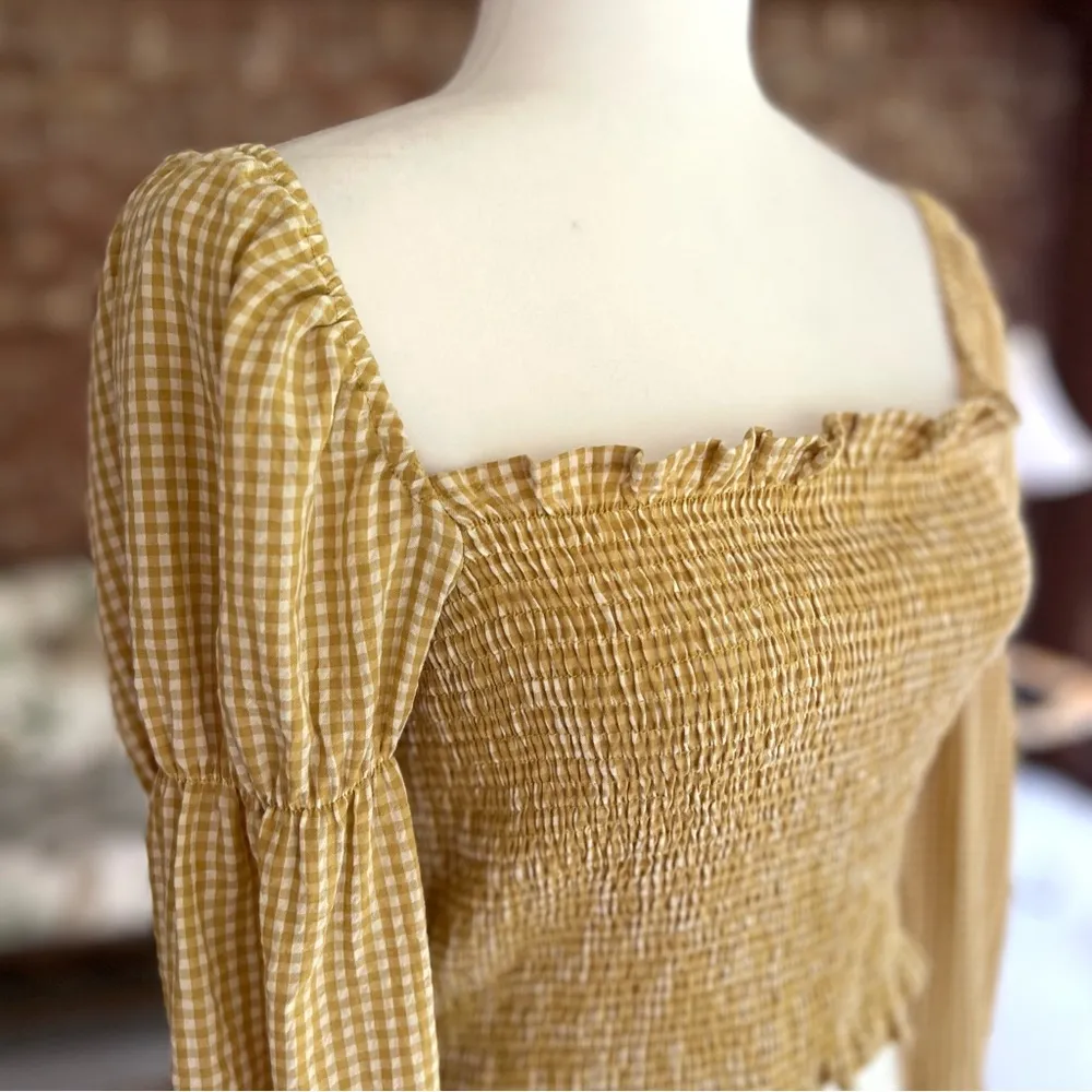 Urban Outfitters Gingham Blouse Cinched Sleeve Mustard Yellow Smocked Top S - Image 12