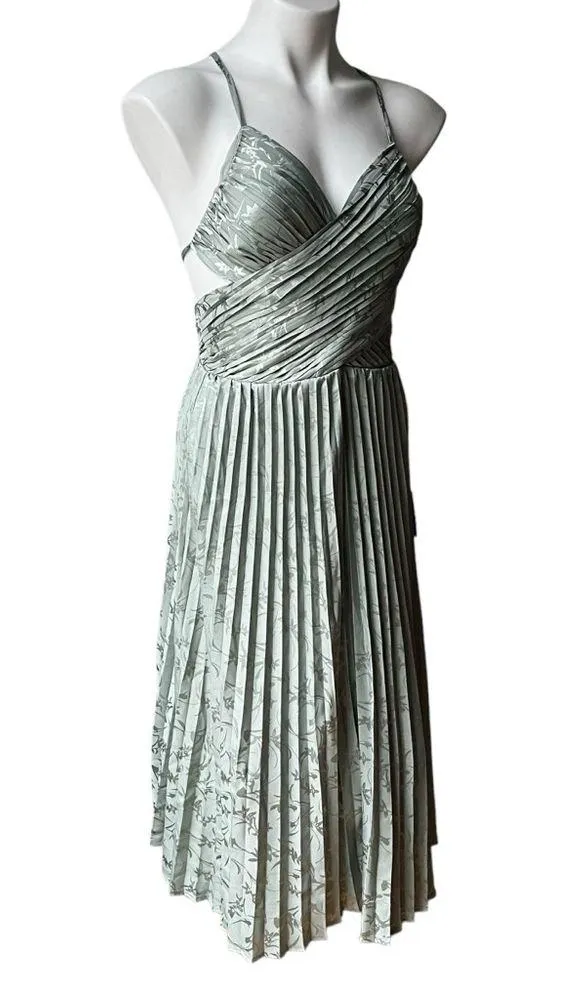 NWT, Lulus Pleating Up Sage Green Satin Jacquard Pleated Midi Dress, Sz S - Image 6