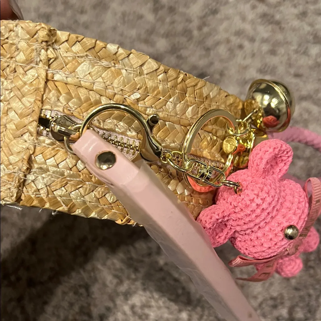 Miu Miu Straw Circle Bag with Pink Bear Charm - Image 6