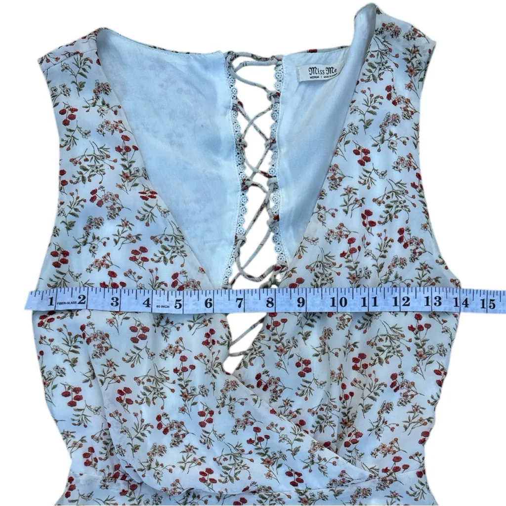 Miss Me Floral Lace-Up Back Skater Mini Dress Blue V-Neck Size M - Image 6