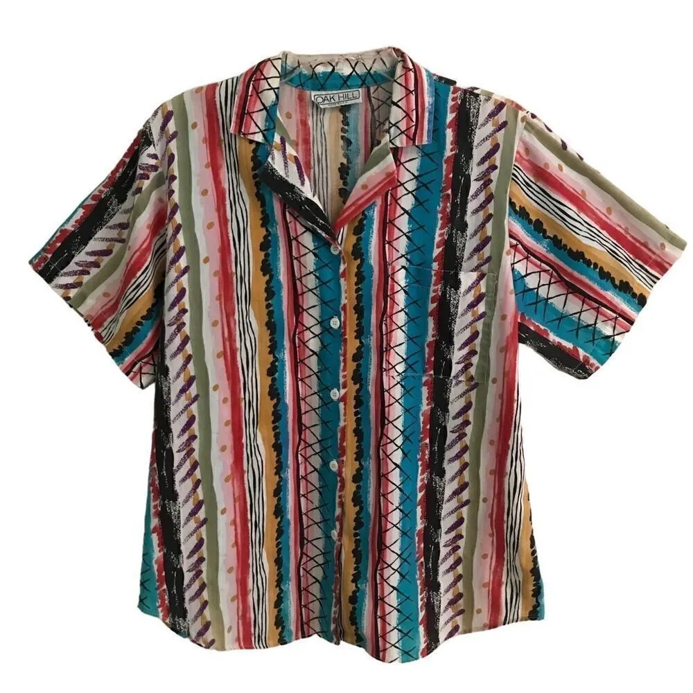 Vintage Oak Hill 1980s multi color “painted”look button up shirt M/L* White Size M - Image 2