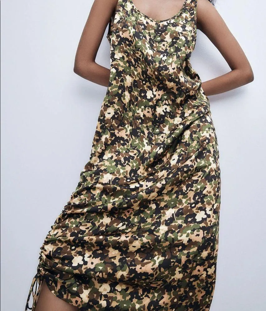 Zara CAMOUFLAGE PRINTED FLOWING MIDI SATIN DRESS w/Drawstring Size S NEW - Image 3