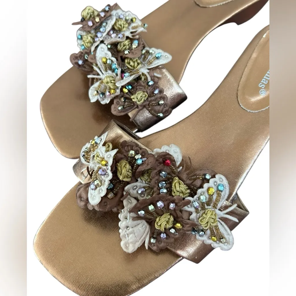 Y2K Pierre‎ Dumas Women’s Bonny Sandals Bronze Beaded Butterfly Slide Heels 8.5 - Image 3
