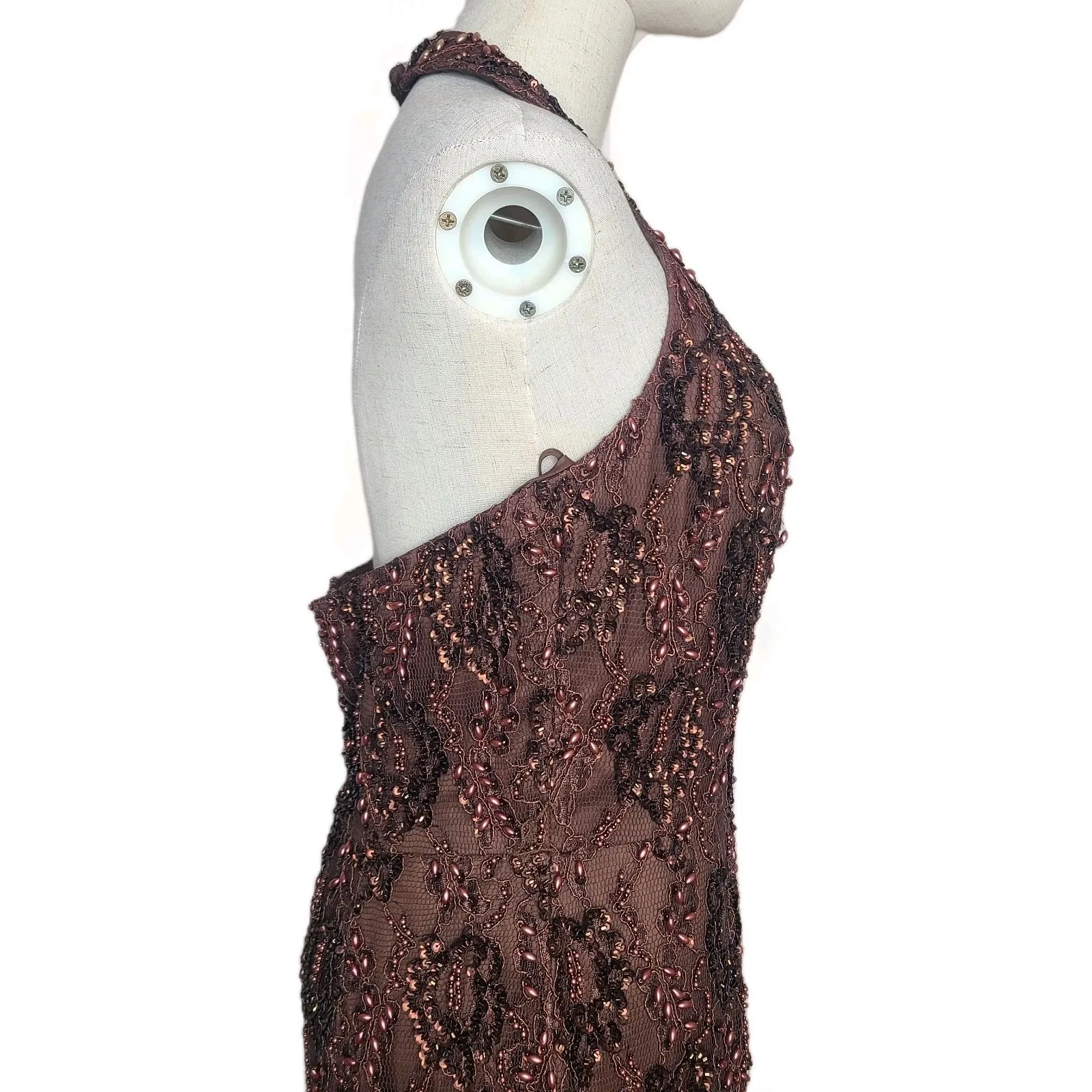 Vintage Bill Blass Evening Brown Beaded Sequin‎ Halter Jumpsuit Size 8 - Image 6