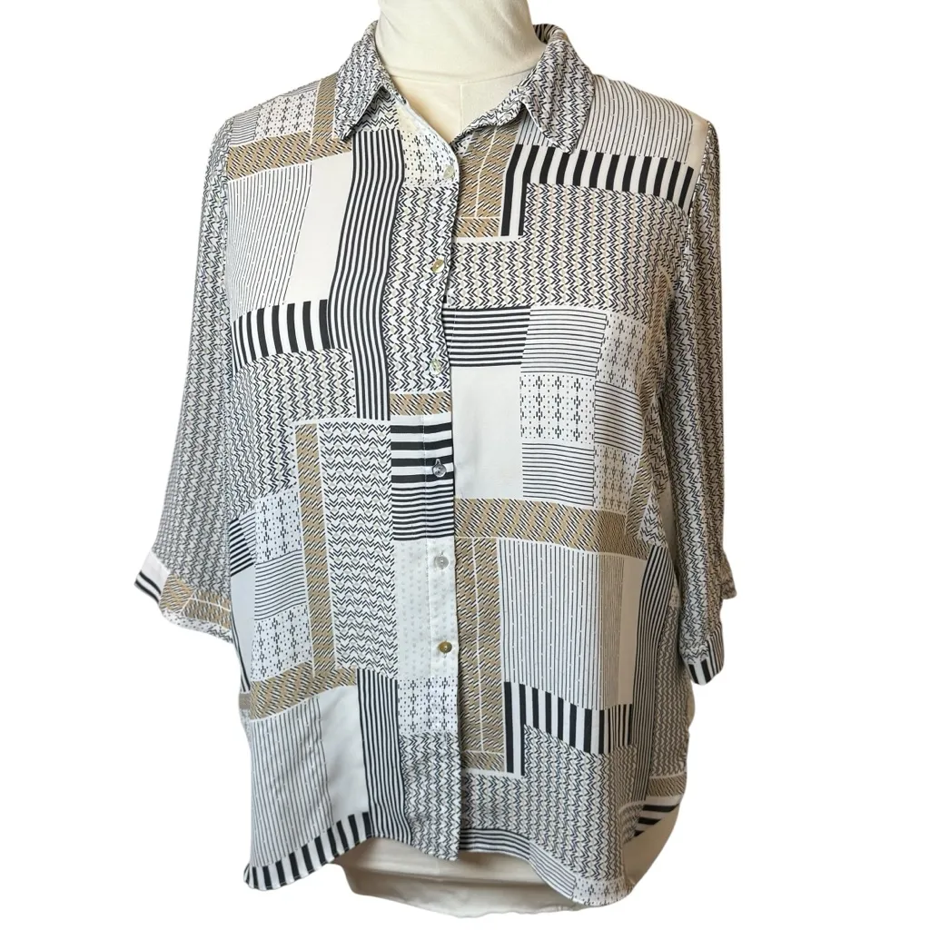 Rose And Olive Plus Button Up Top Womens 1X Neutral Patchwork Business Casual - Image 2
