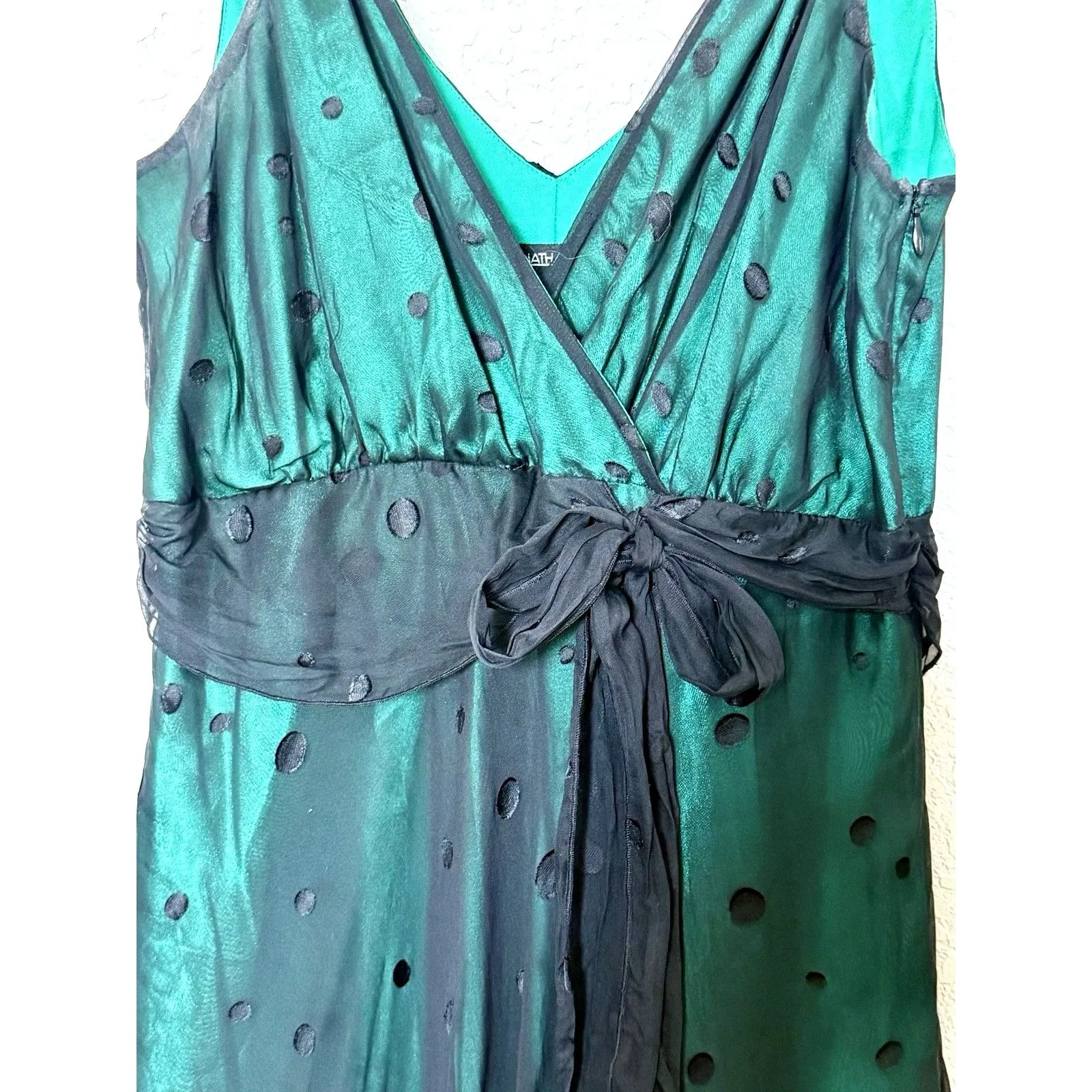 VTG Y2K Jonathan Martin Dress emerald green silk black sheer mesh polka dot SZ 6 - Image 5
