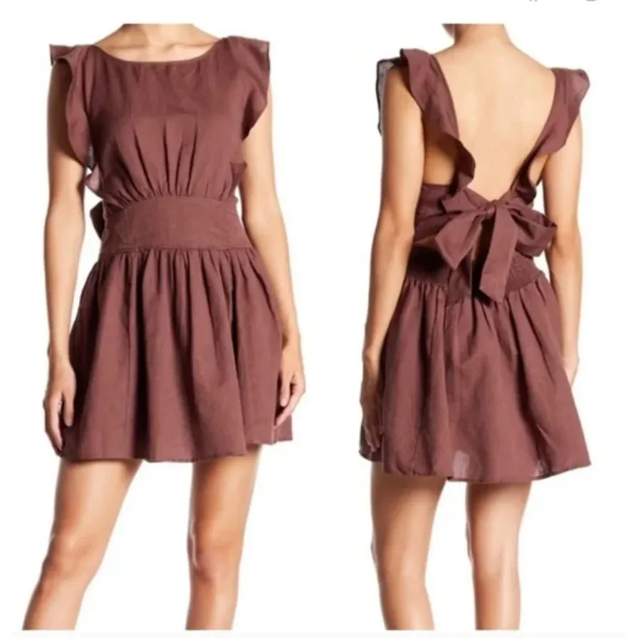 Free People Erin Ruffled‎ Mini Dress Cut Out Back Linen Brown Size Large - Image 2