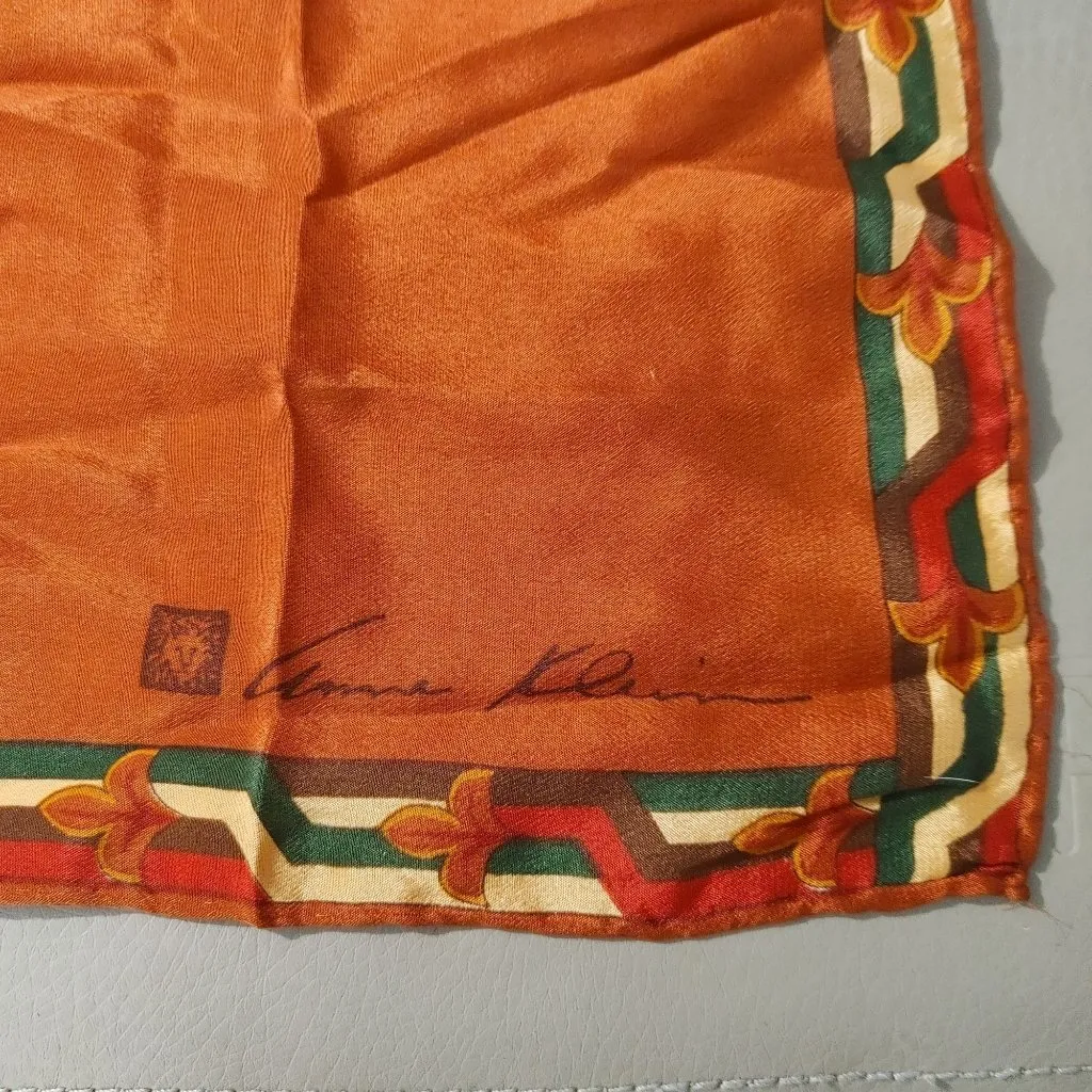 Anne Klein Scarf  Robinson Golluber Orange Floral Geometric Border Vintage Silk - Image 9