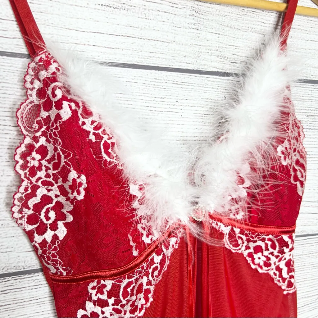 Red Lace & White Faux Fur Christmas Holiday Babydoll Lingerie Chemise Size XL - Image 10