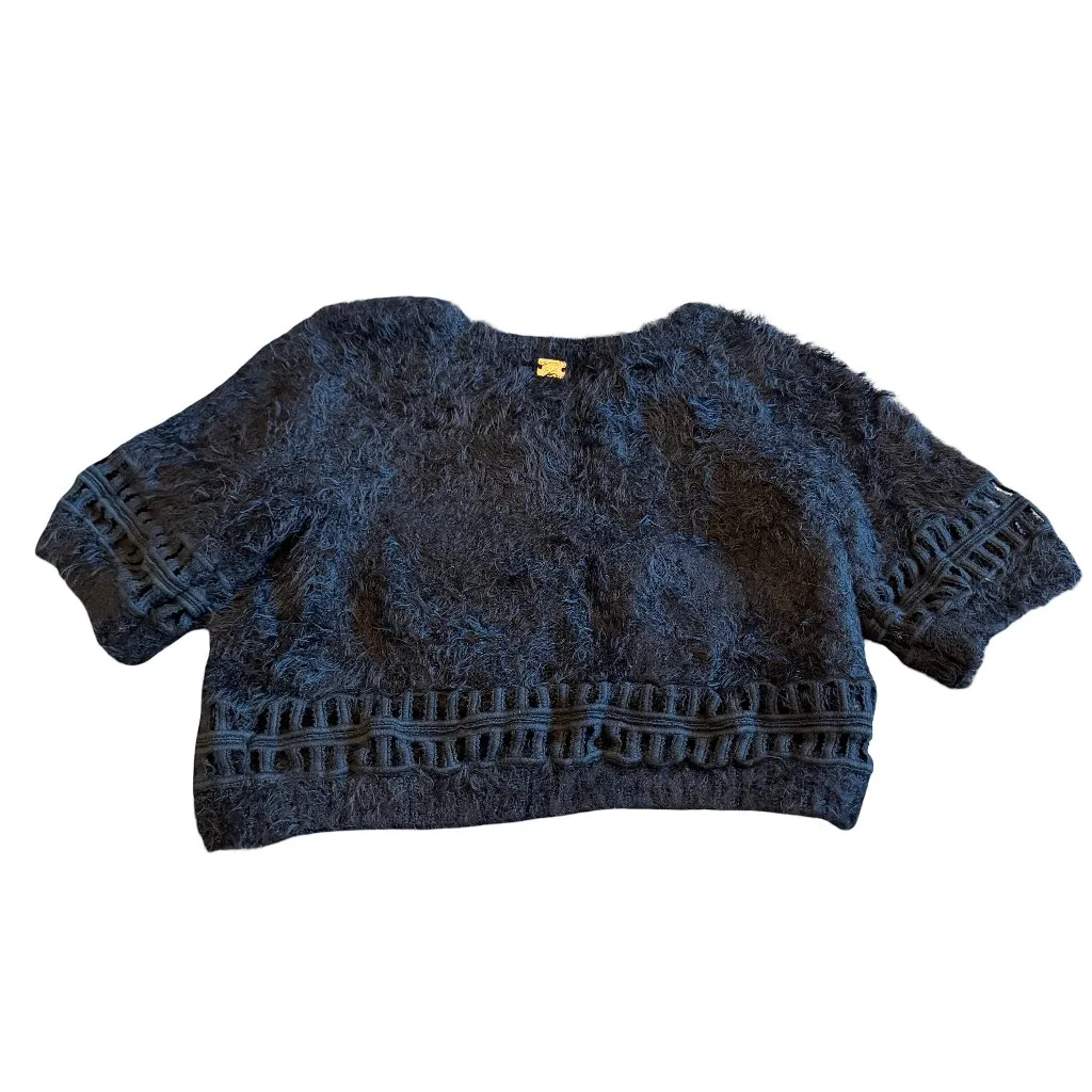 Knitz For Love And Lemons Black Crop Top Fuzzy Teddy Blouse Shirt Size Small - Image 7