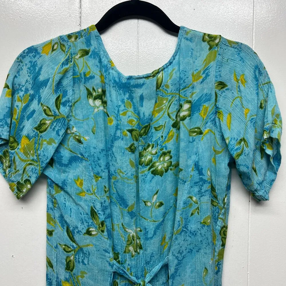 Julia Womens Vintage Floral Blue Gauzy Dress Size Small Short Sleeve Midi Length - Image 7