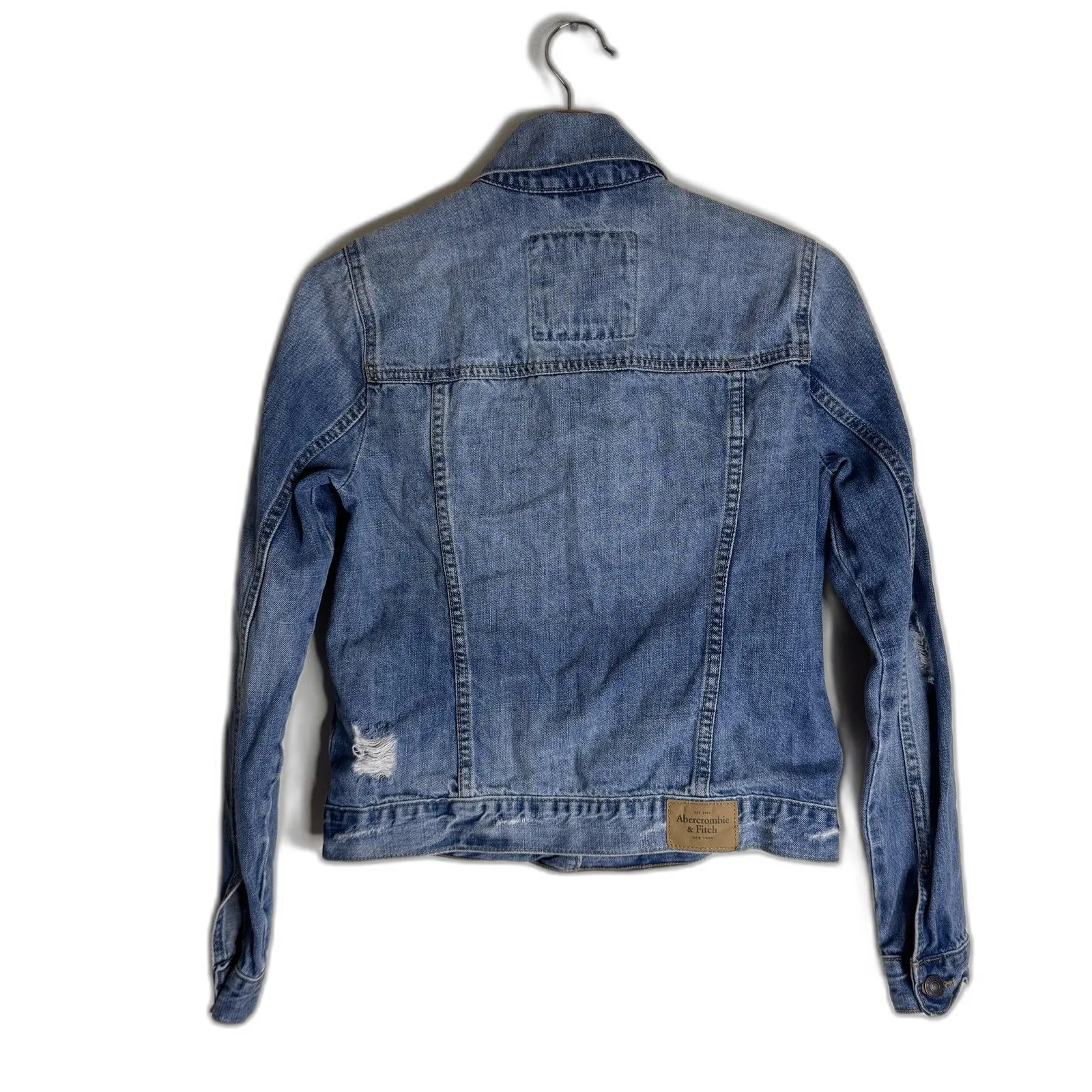 Abercrombie & Fitch Jacket Womens Small Blue Denim Distressed Jean Trucker Coat - Image 10