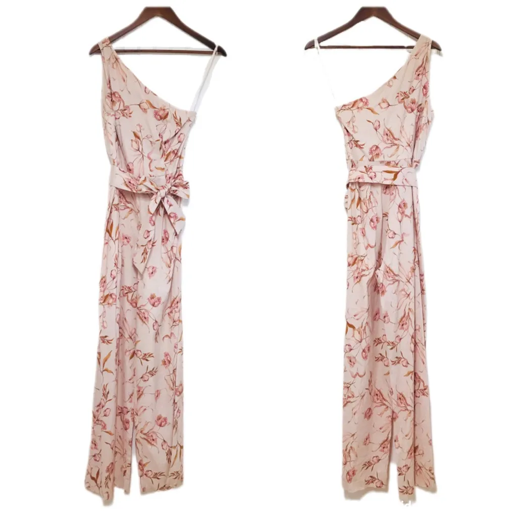 ANTONIO MELANI Pink Floral One‎ Shoulder Jumpsuit Linen Blend Belted Size 10 New - Image 2