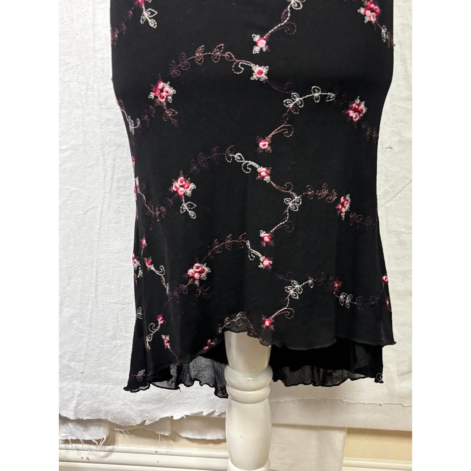 Vintage Black Floral Mesh Midi Dress Spaghetti Strap Whimsigoth Y2K Sz S - Image 4