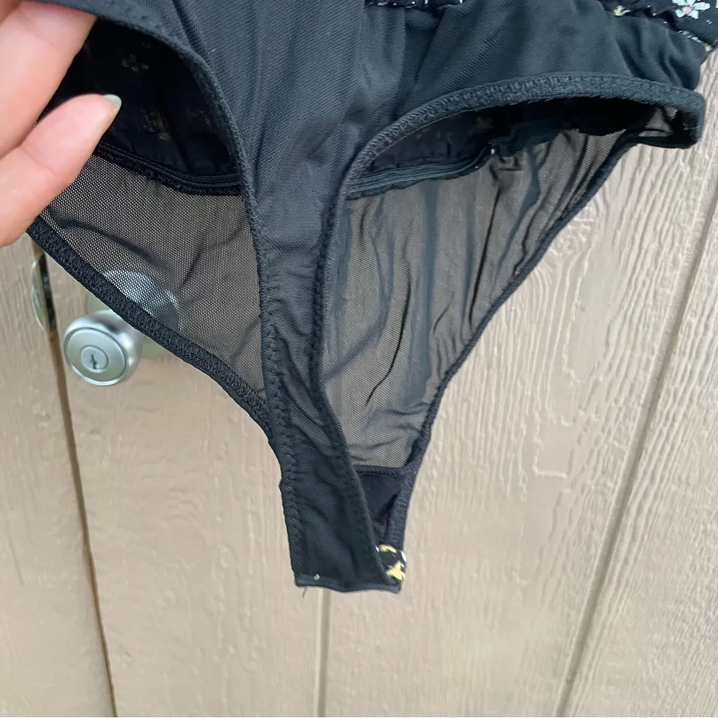 Free People Womens Dessa Bodysuit Black Yellow Floral Print Puff Sleeve Size XS - Image 11